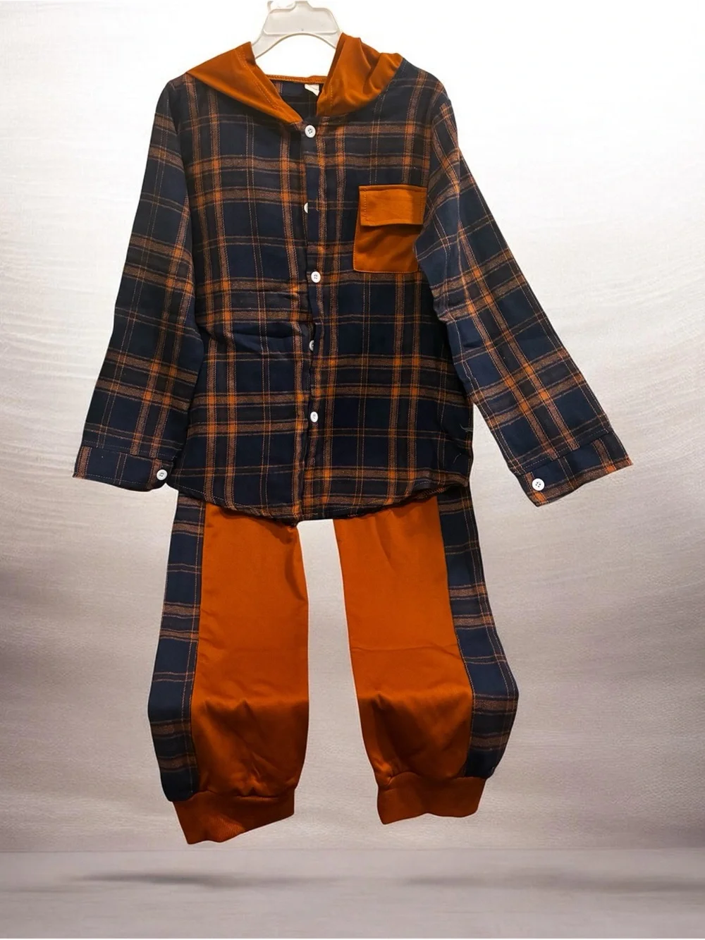 Kids Plaid Two-Piece Pajama Set in Navy and Rust